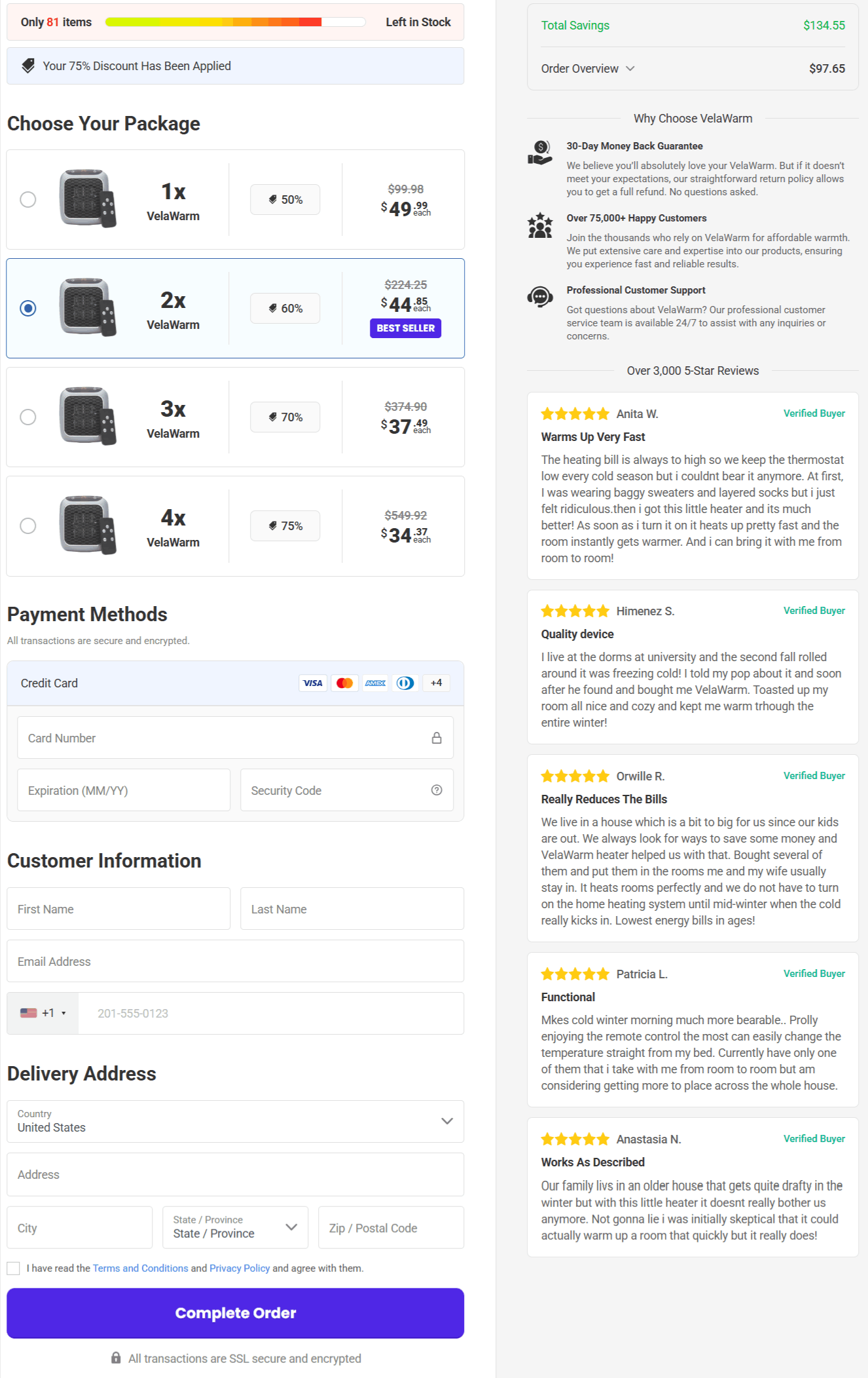 VelaWarm Heater Secure Checkout Page